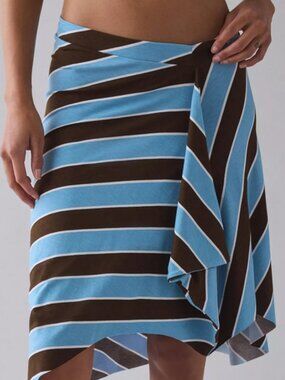 Retro Blue Stripe Asymmetric Ruffle Low-Rise Knee Length Skirt
